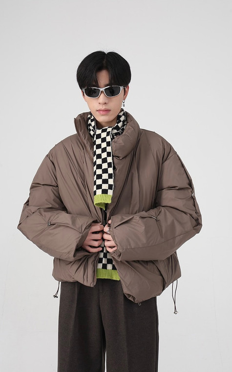 Stand Collar Padded Jacket Mens Winter Korean Male Padded Fashion Personalized Solid Color Short Cotton Coat Korea Jackets Trendy for Man in Coffee Brown