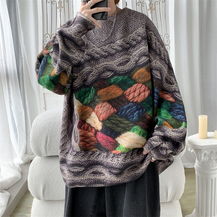 Cable-Knit Sweater  Mens Three-dimensional Printing Men Autumn Winter Fashion Male Crewneck Round Neck Knitted Pullovers Large Plus Size O-Neck Knitwear Trendy for Man in Brown