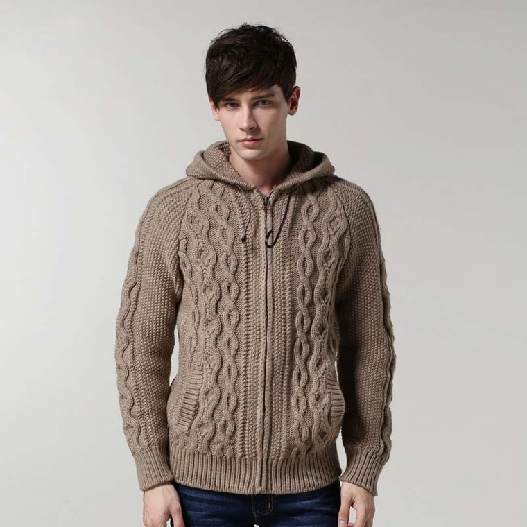 Cable-Knit Hooded Cardigan  Mens Sweater Autumn Winter Warm Zipper Hooded Cardigans Knitted Twist Hoodies Solid Color Vintage Casual Knitwear Coat Plus Size Sweaters for Man in Khaki