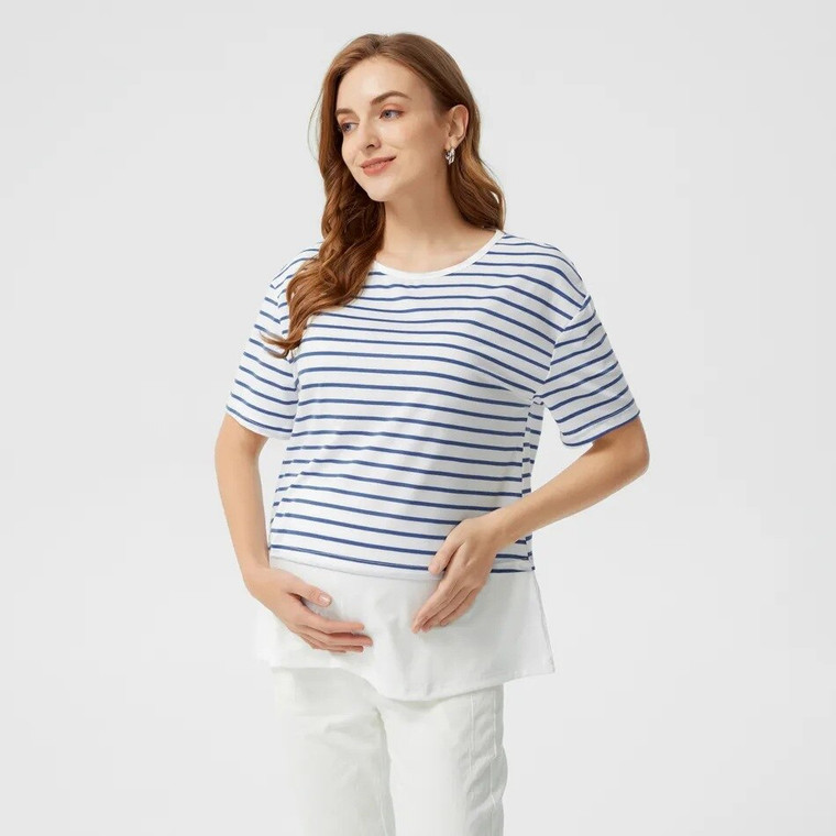 Oversized Boatneck Striped Maternity Top   Women’s White Blue Stripe Round O-Neck Tees Summer Casual O-Neck Short Sleeve Patchwork Tops Petite and Oversize Plus Size Maternity Clothes for pregnant woman