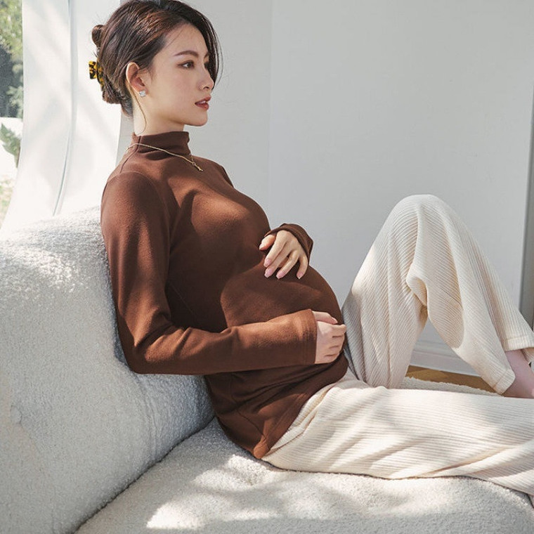 Turtleneck Fleece T-Shirt      Women’s Winter Pregnant Clothes Long Sleeve Turtleneck Fleece Top Solid Color Pregnancy Tees Maternity Tops Warm T-Shirts Tops for Woman in trendy Coffee Chocolate Brown