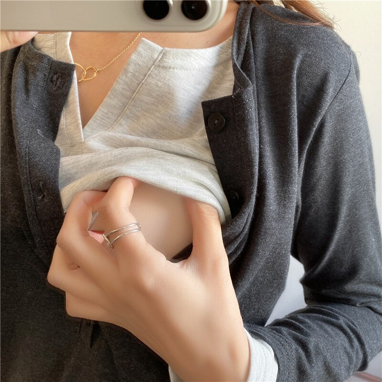 Long Sleeve Nursing Top  Women’s Maternity Clothes Autumn Cotton Women Breastfeeding T-Shirts Long Sleeve Fake Two Pieces Pregnancy Tops Plus Size T-Shirts for Woman in Auburn Gray / Grey