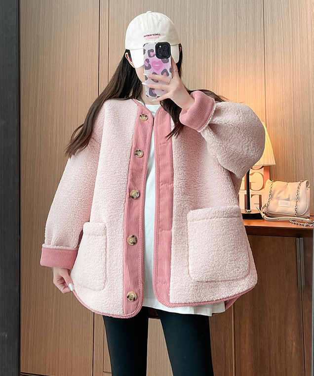 Maternity Fleece Jacket  Women’s Autumn Winter Korean Fashion Fleece Maternity Chic Ins Loose Outwear Cardigan Clothes Plus Size Korea Pregnancy Jackets Trendy for Pregnant Woman in Pink