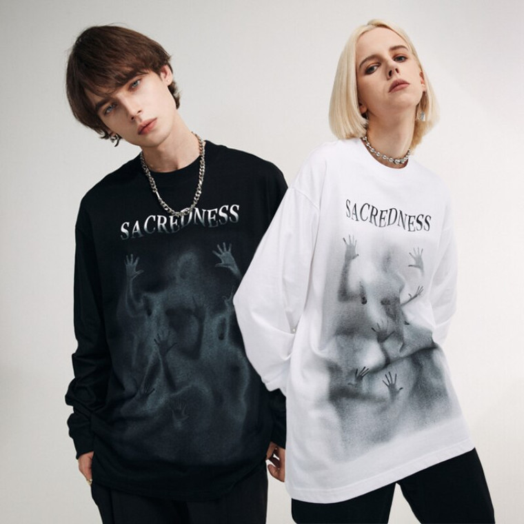 Crewneck Graphic T-Shirt  Unisex Anywear Mens Women’s Autumn and Winter Personality Ins Psychedelic Human Sacredness Print Tee Round O-Neck Loose Bottomed Long Sleeve T-shirts Tops for Man Woman in Black White