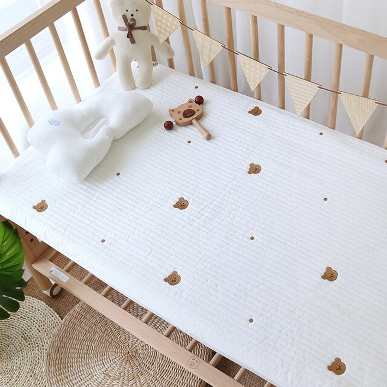 Quilted Fitted Sheet   Korean Baby Cot Crib Bear Embroidered Cotton Kids Infant 100% Cotton Bed Sheets Mattress Cover Bedspread Bedding