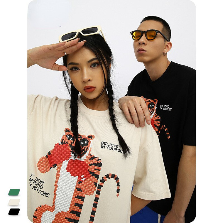 Graphic Loose Crewneck T-Shirt  Unisex Anywear Mens Women’s Summer Trendy Brand Street Fun Anime Tiger Print Short-sleeved Plus Size Fashion T-Shirts for Man Woman in Apricot Black Green