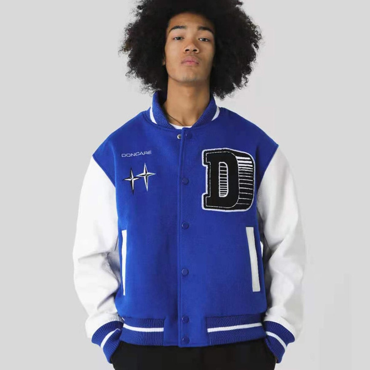 Embroidery Patchwork Baseball Jacket    Mens Hip Hop Furry Letter Harajuku Casual Varsity Bomber Jackets College style Coats Outerwear for Man Trendy in Blue