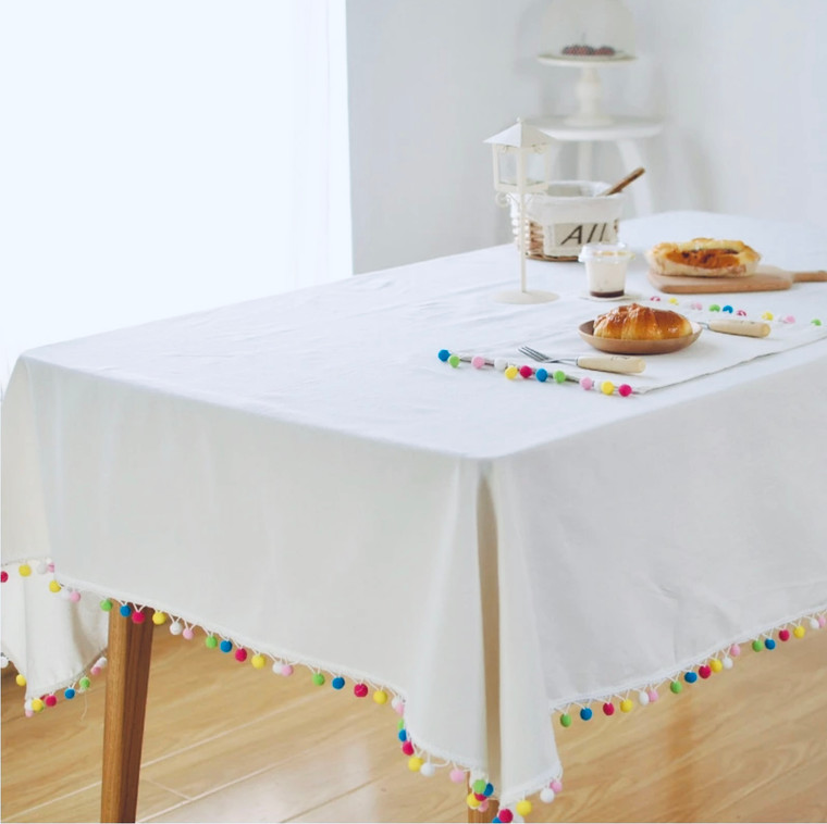 Cotton Tassle Tablecloth    White Table Cloth Rectangular Nordic Colorful Home Furniture Anti Dust Tables Cover Place Mat Holiday Decor Linen Dining Room Outdoor Norway Tablecloths Covers