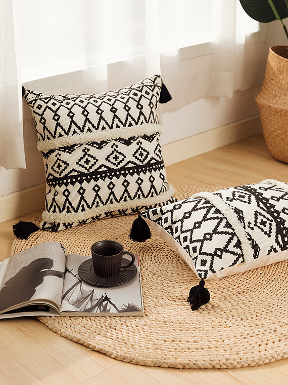 Boho Tufting Cushion Cover   Bohemian Pillow Case Geometric Pillowcase Nordic Beige Cream Cotton Back Support Covers Decorative Hotel Bohemian Home Decor