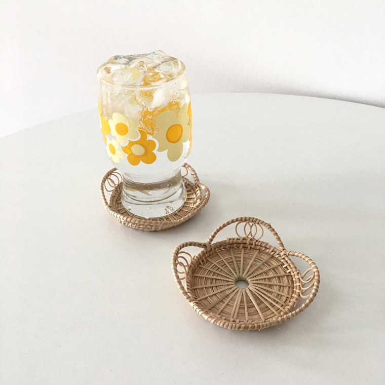 Rattan Drink Coaster  Cup Holder Natural Woven Floral Shape Heat Insulation Round Tea Pot Placemat Table Decoration Accessories Trendy Placemats Coasters