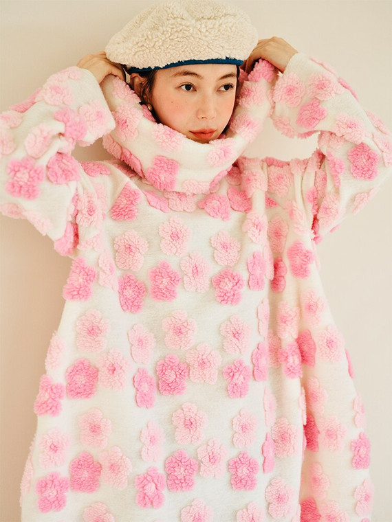 Cherry Blossom Boatneck Dress with Scarf Japanese girls original Round neck Crewneck pullover long sleeve pink three-dimensional Lamb hair Trend Japan Dresses