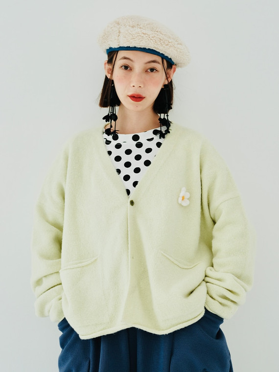 V-Neck Loose Fit Cardigan  Women’s Japanese original design V-neck loose knit light green-yellow long sleeve warm and comfortable cardigans in autumn and winter Japan Sweaters for Trendy Woman