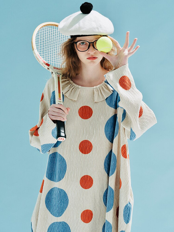 Polka Dot Crepe Boatneck Dress  Women’s Japanese original clowns design round neck pullover long sleeve light blue red polka dot medium length casual loose white Japan circus clown dresses for trendy Woman