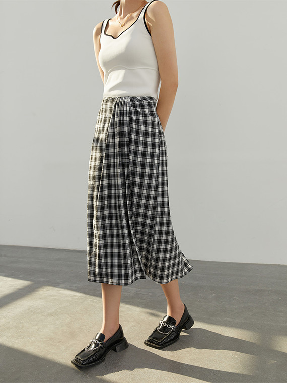 High-Rise Plaid Pleat Wrap Skirt Women’s Three-dimensional Pleated Autumn Straight Thin High Waist Slim Casual Female plus size Commuter workwear Skirts for woman in Black White Checkered