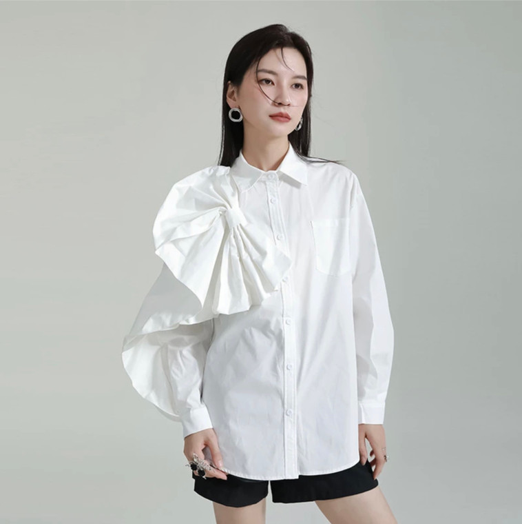 Bow-Stitch Shirt  Women’s Japanese Original Design Spring Niche Stitching Long-sleeved Irregular Tops Japan Shirts in trend White