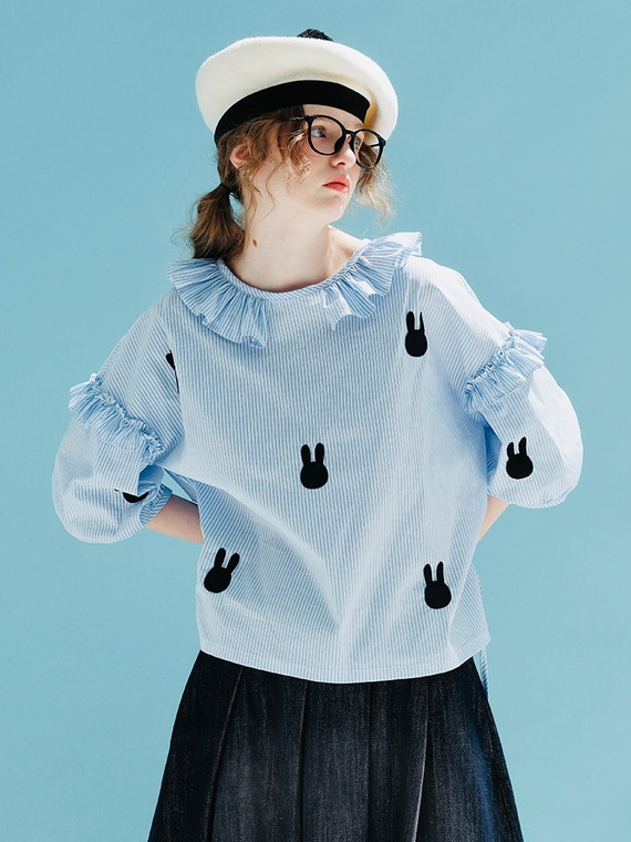 Ruffled Boatneck Top  Women’s Japanese original design ruffles blouse rabbit spring round o-neck sleeve pullover light blue cotton tees casual loose shirt Tops Japan Blouses for trendy woman