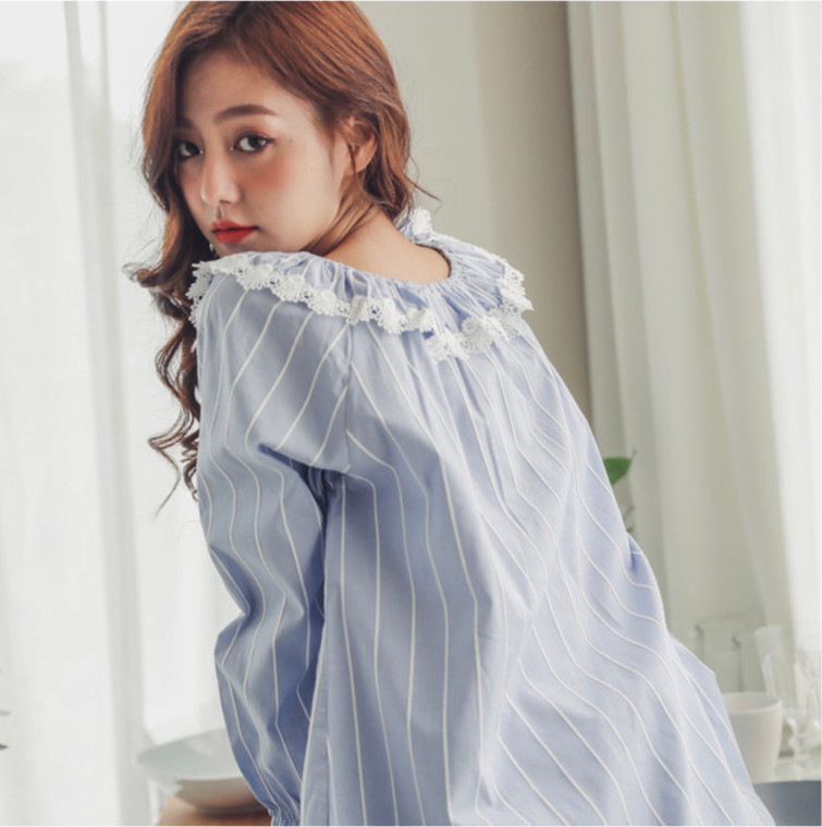 Maternity Postpartum PJs  Women’s Striped Pajamas Set Confinement Clothing Spring Autumn Sky Blue Pure Cotton Pregnant Women Plus Size Tide Mothers Outing During Pregnancy Lactation Sleepwear for Trendy Woman