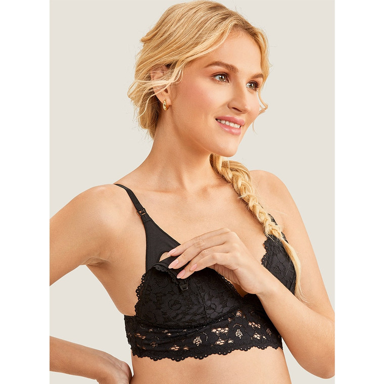 Maternity Padded Seamless Nursing Bra  Women’s Lace Sexy Wirefree Breastfeeding Padded Lactation Cute Women's Bralette for Pregnant Lingerie Bras in Trendy Black for Woman