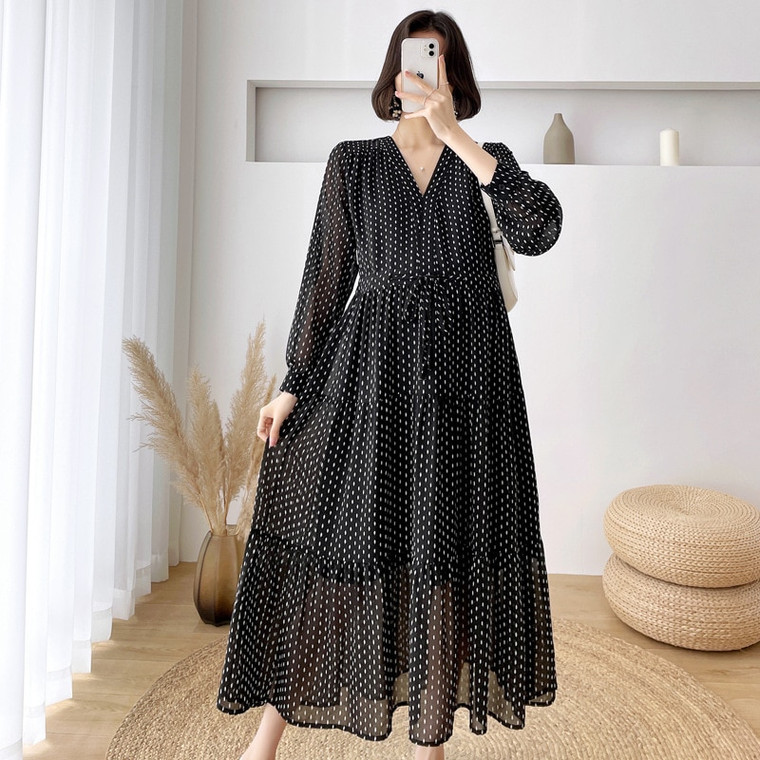 Maternity V-Neck Chiffon Polka Dot Dress Women’s Spring Autumn Clothes For Pregnant Women Draw String Long Sleeve Pregnancy Dresses for Woman in Trendy Black