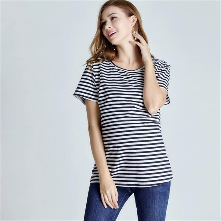 Maternity Stripe Nursing T-shirt   Woman's Striped Pregnant Breastfeeding Tops Short Sleeve Round Neck Casual T-shirts Boatneck Top for Woman Summer Clothes in trendy Black