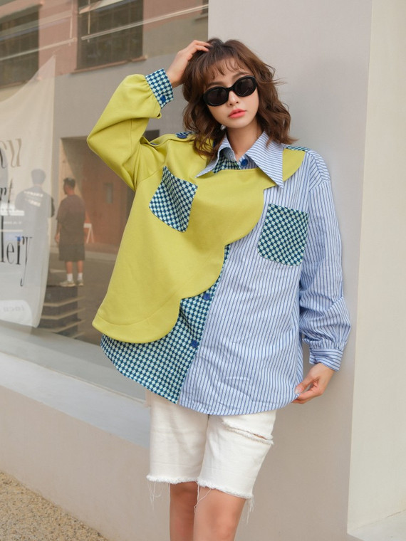 Designer Sweatshirt Shirt   Women’s French Look Long Sleeve Top And Blouse Patchwork Shirts Korean Streetwear Spring Sweatshirts Clothes for trendy Woman in Yellow Green Blue