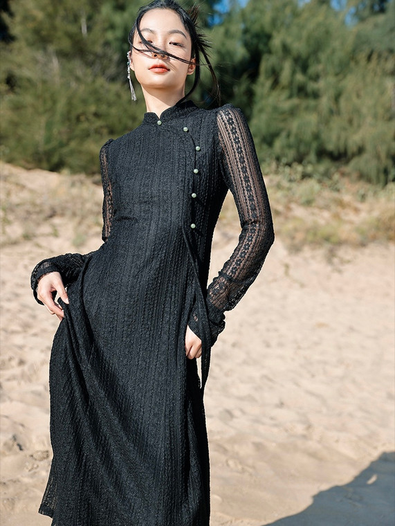 Lace Cheongsam Bodycon Dress  Women’s Bohemia Vintage Punk Punkrock Goth Gothic Black Lace Boho Mandarin Collar Long Sleeve A Line Tunics Long Ladies Maxi Dresses Spring Lace Cheongsam Bodycon Dresses spring Summer for Bohemian trendy Woman