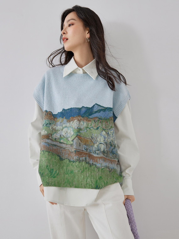 Art Sweater Vest  Women’s French Look Oil Painting Designer Light Blue Pullovers High Fashion Jumpers Knit Top Spring Clothes Sweaters Vests for trendy Woman