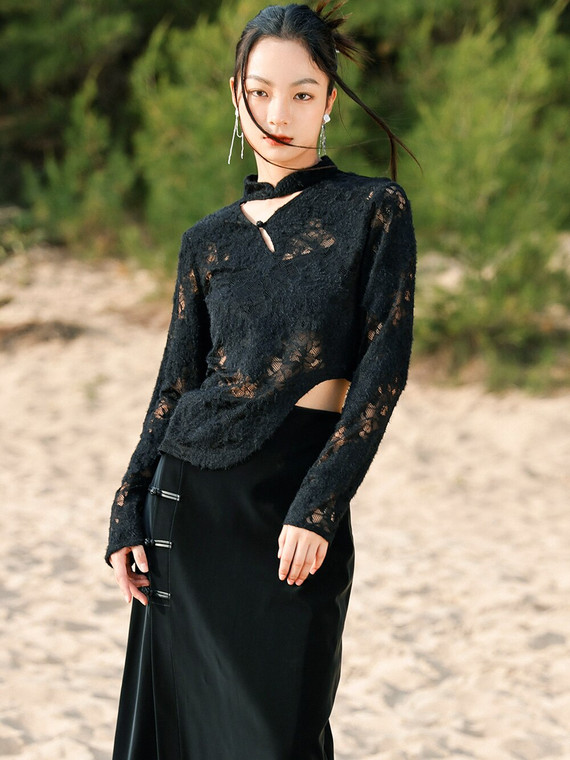 Hollow-Out Knit Crop Top  Women’s Bohemia Vintage Punk Punkrock Goth Gothic knitted Black Lace Long Sleeve Blouse Asymmetrical Boho Tops Blouses for trendy Bohemian Woman