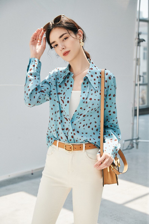 Blue Leopard Silk Shirt  Women's Blouse Essentials Premium Chinese Casual Button Down Long Sleeve Office Work Top Plus Size Shirts for trendy Woman