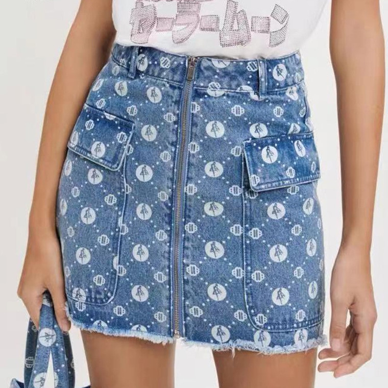 High-Rise Denim Skirt  Women’s Summer High Waist Thin Blue Floral Half Body Short Hip A-Line Half Body Tide Skirts for trendy Woman