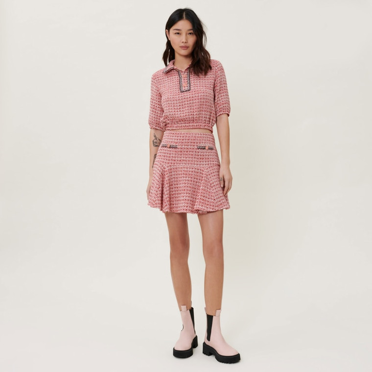 Tweed Crop Top Women’s Spring Summer Design Pink Lapel Collar Elastic Waist Polo Shirt Ladies Tops for trendy Woman