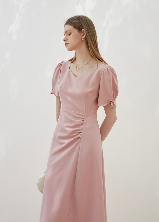 Petal Sleeve Mid-Calf Squareneck Dress Women’s Summer French Look Gentle Wind Square Neck Temperament Elegant Puff sleeves Gathered Waist Thin Shirring Petite Plus Size Female Dresses Clothing for trendy Woman in Pink