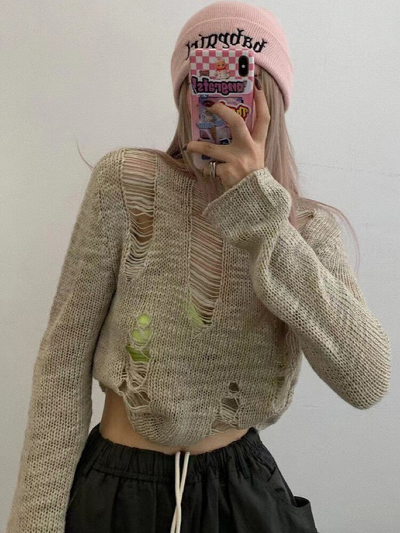 Hollow Out Crewneck Sweater  Women’s Knitted Long Sleeve Pullovers Broken Hole Y2k See Thought Crop Tops Fairycore Smock Autumn Sweaters for trendy Woman in Khaki