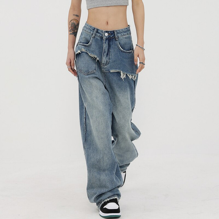 Worn-Out High-Rise Jeans   Women’s Blue High Waist Vintage Straight Baggy Denim Pants Streetwear American Fashion Wide Leg Petite Plus Size Trousers for trendy Woman