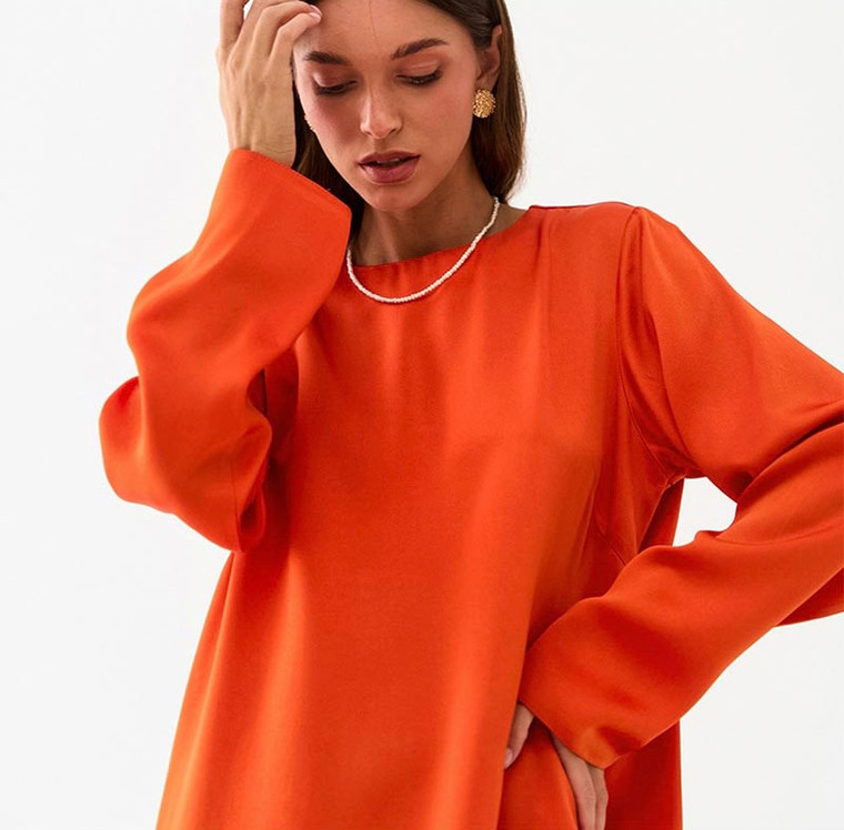 Crewneck Sundress  Women's Casual Female Workwear Fashion Round O Neck Long Sleeve Midi Dresses for trendy Woman in Orange Ladies Vintage Summer Streetwear Vacation Getaway Holiday Clothes