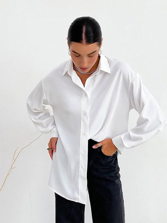 Long Sleeve Chiffon Shirt  Women’s Fashion Solid Lapel Button Lady Elegant Single Breasted Long Sleeve Shirts for trendy Woman in White