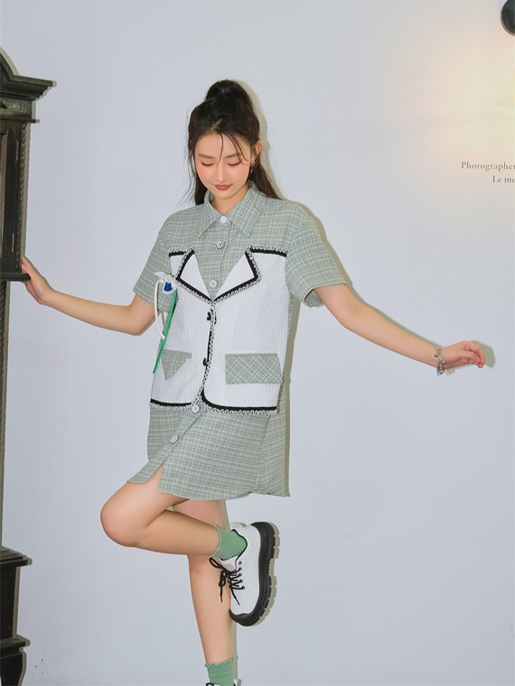 Patchwork Plaid Shirt Dress   Women’s Designer Summer Short Sleeve Button Cute Green Mini Dresses Korean Fashion Clothing for trendy Woman