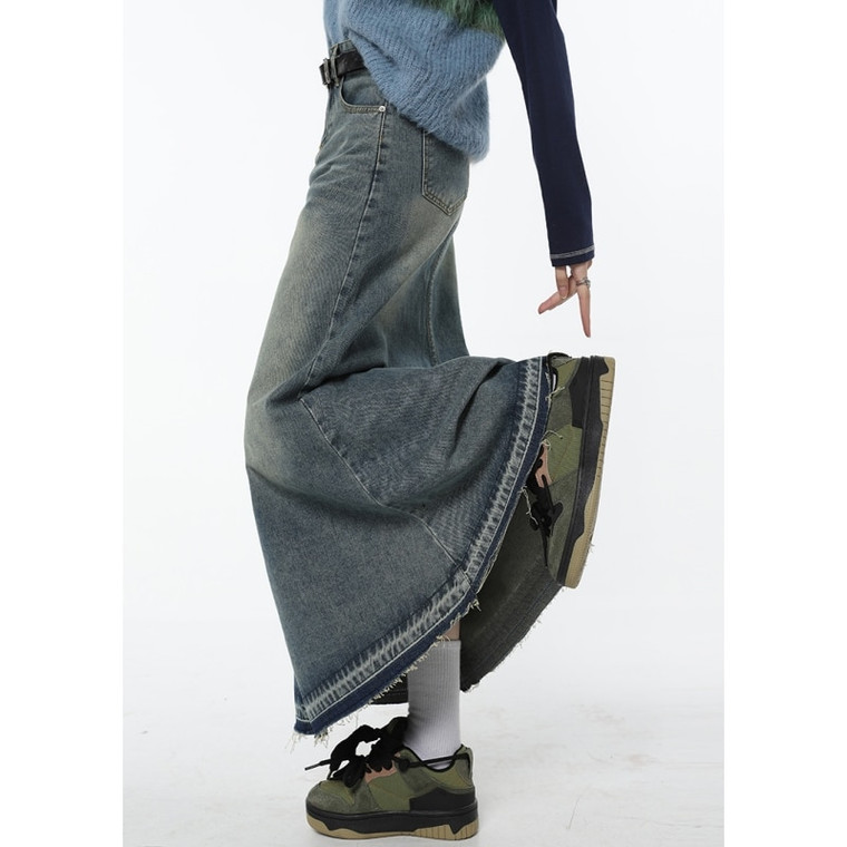 Denim Maxi Skirt   Women’s Indie Grunge Hippie Half Body Blue Gradient High Rise Waist Tassels Casual Korean Mid Length Bottoms Baggy Vintage Female Long Plus Size Skirts for trendy Woman