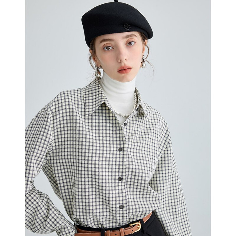Lattice Plaid Shirt  Women's Black white Korean Vintage French Look Female Long Sleeve Chic Baggy Casual Blouse Shirts for trendy Woman Checkered Spring Summer Streetwear Clothes