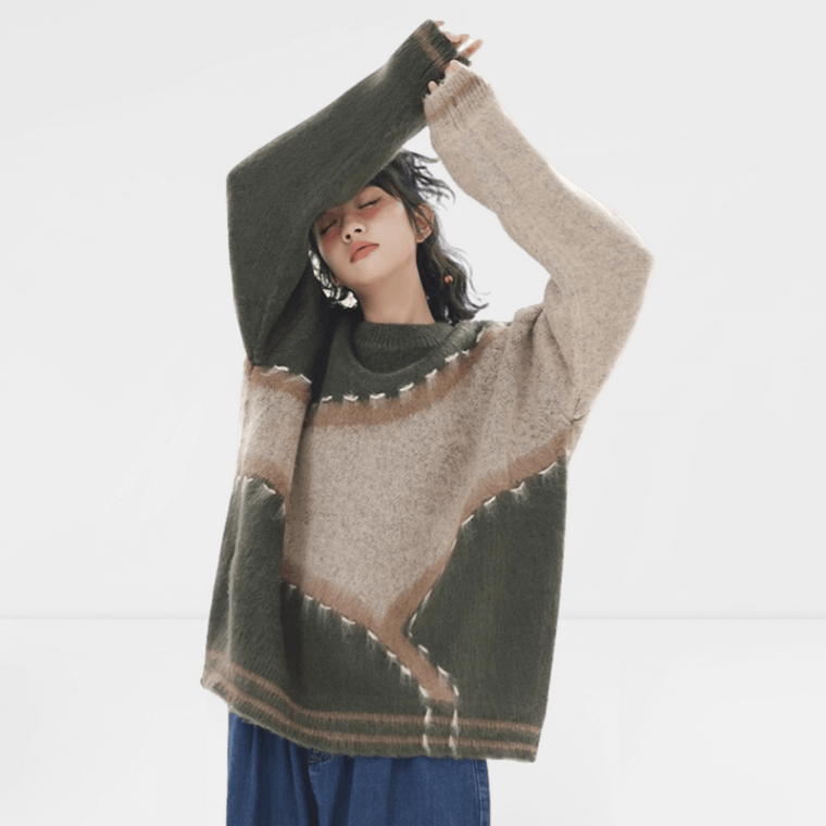 Bf Knit Sweater  Women’s All-match Casual Y2k Hippie Folk Korean Patchwork Baggy Crewneck Round O-neck Pullovers Plus Size Sweaters for trendy Woman in Green Streetwear Chic Young Fashion Schoolgirls Fashion