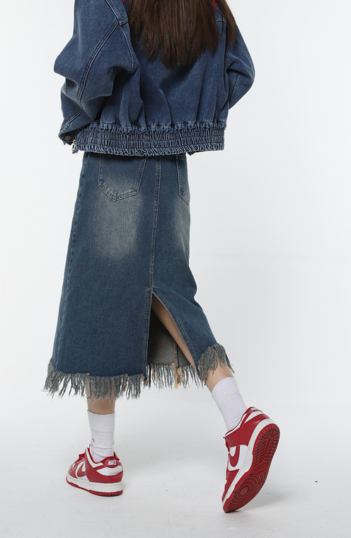 Denim Half Body Skirt  Women’s Indie Grunge Blue Tassels Bottoms High Rise Waist Casual Korean Mid Length Baggy Vintage Female Long Skirts for trendy Woman