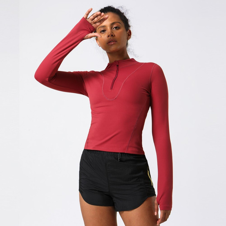 MiteigiYūki Finger-Hole Sports Top  Women’s Mockneck Activewear Gym Fitness Clothing Long Sleeve Half Zipper Fashion Sport Wear Full Length T-Shirt Sportswear Tops Plus Size T-Shirts for trendy Woman in Rust Red