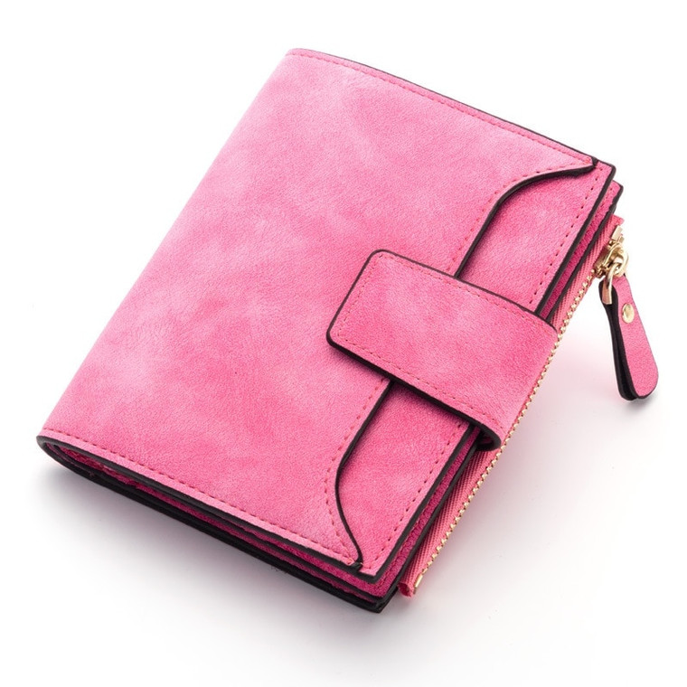 Short Vegan Zip Wallet Purse   Women’s Fashion Wallets Small Zipper PU Leather Quality Female Card Holder Slim Simple Purses for trendy Woman in Rose pink color