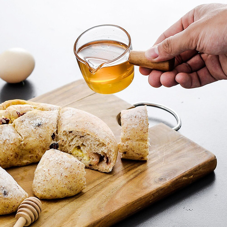 Sauce Condiment Dressing Pot  Multi-functional Glass Taste Dish Gravy Boat Mini Coffee Milk Cup Sauces Dishes With Wood Handle Vinegar Plate Dispenser Tableware Trendy Condiments Dispensers Pots