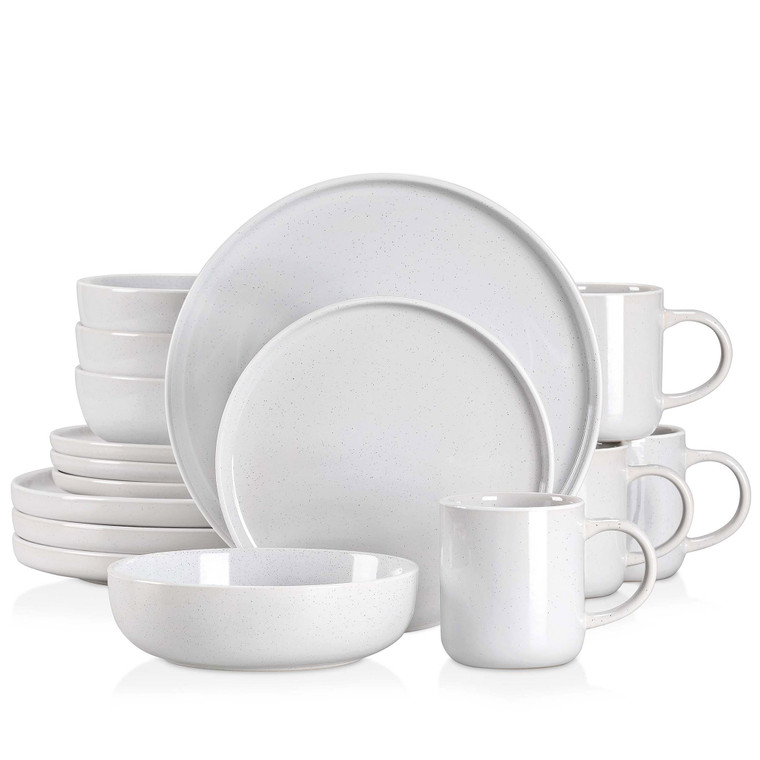 Ceramic Glaze Dinnerware Set   16/32/48 Piece White Stoneware Sesame with Dinner Plates, Dessert Plate, Soup Bowl, Mug Trendy Sets