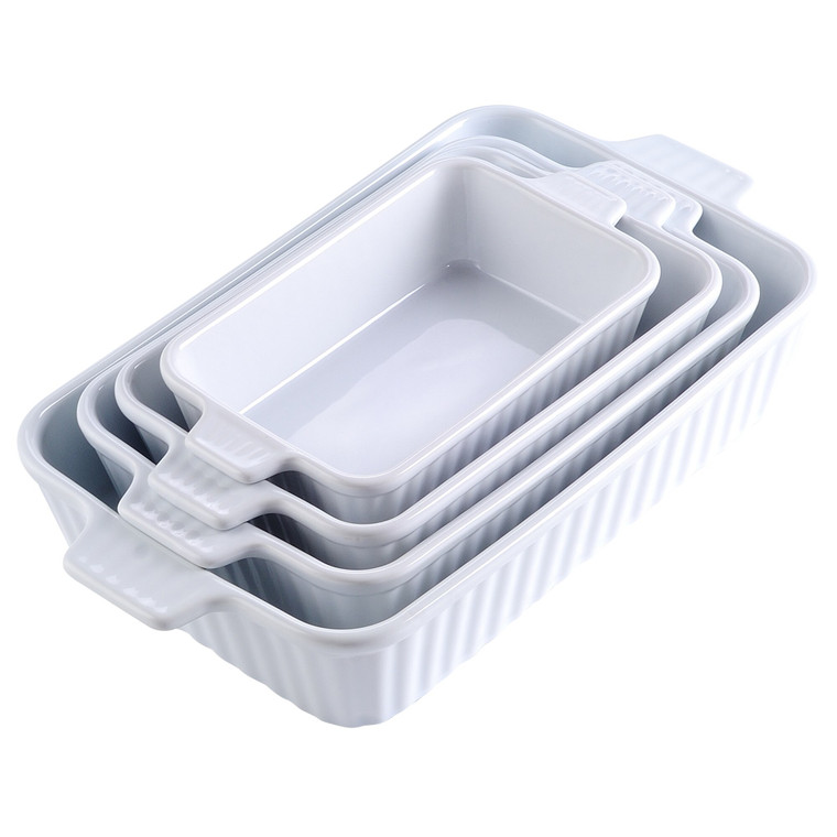 Rectangular Ceramic Baking Dish 4-Piece Set   Table Plate with Handle Oven to Ideal for Lasagne/Pie/Casserole/Tapas (9"/11"/12"/13.3") Kitchen Bakeware Dishes In trendy White Gray grey