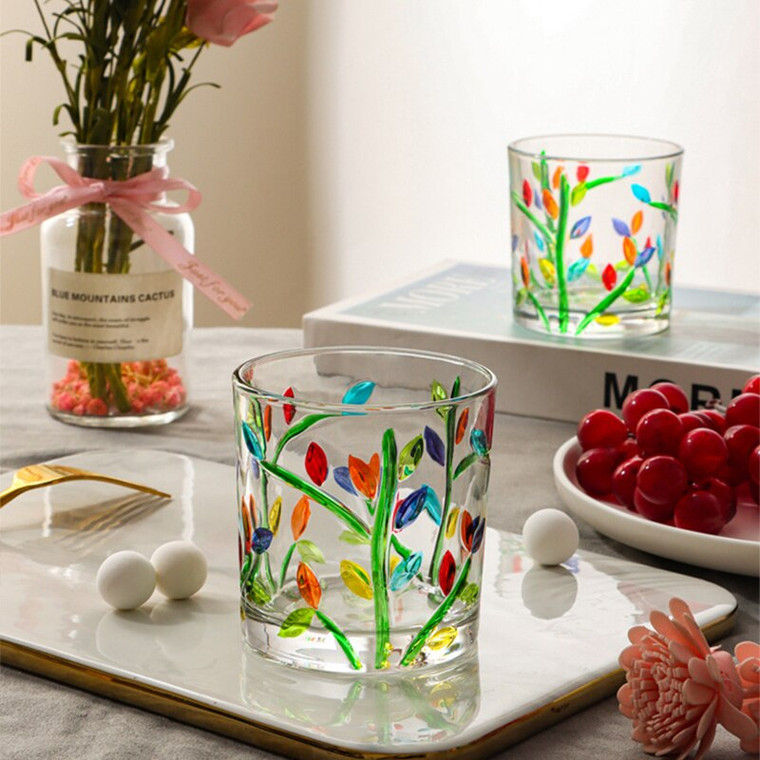Luxury Whisky Glass  350ml Light Hand Wine Glasses Shot Vodka Glassware Cup Home Leaf Pattern Painted Water Cups Beautiful Transparent Bar Drinkware In Trendy Colorful Multicolor Green Leaf Red Phnom Penh
