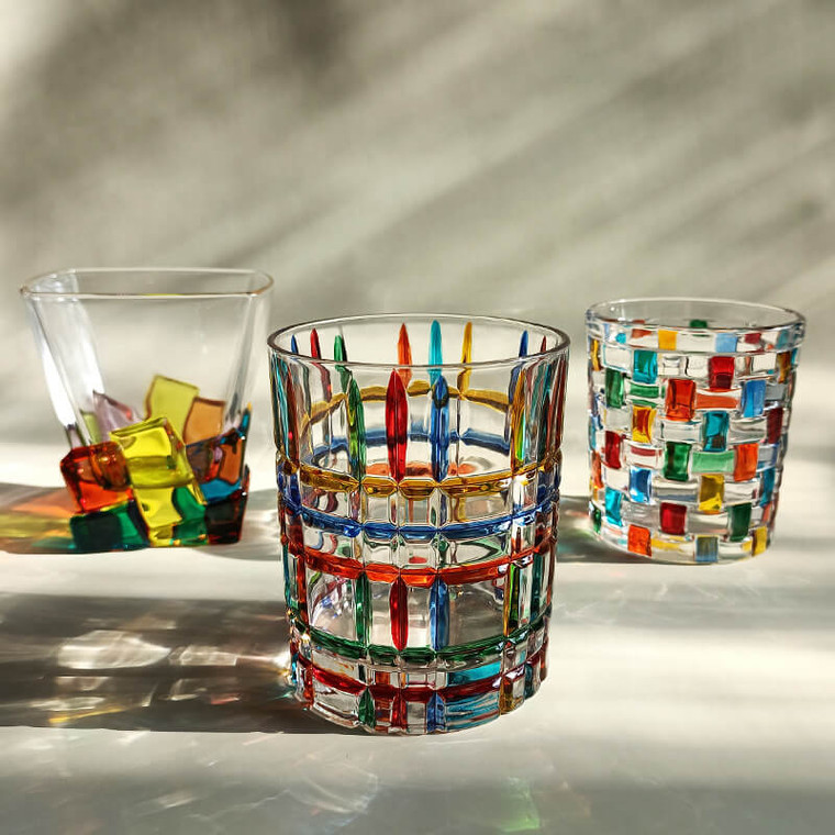 Hand-painted Crystal Glass  Coulorful Lines Woven Whiskey Crystal Glass Creative Glacier Design Juice Drinking Cup Gift Drinkware Cups Colorful Shapes Barware Multicolor Blocks Glassware Trendy Cups