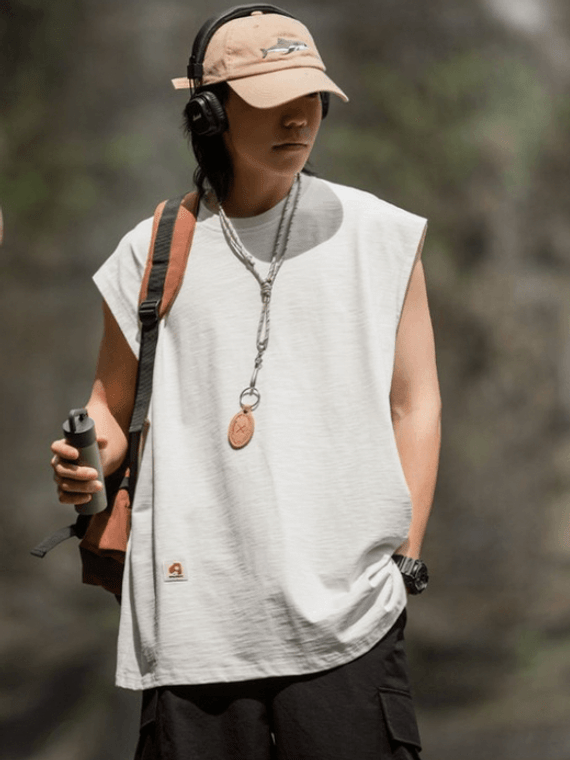 Loose Fit Sports Tank Top  Men's Summer 230G Cotton Fitness Muscle Loose Crewneck Round O-Neck Sleeveless Sport Fashion Vest Clothing Plus Size Vests Tops for Man in Trend White