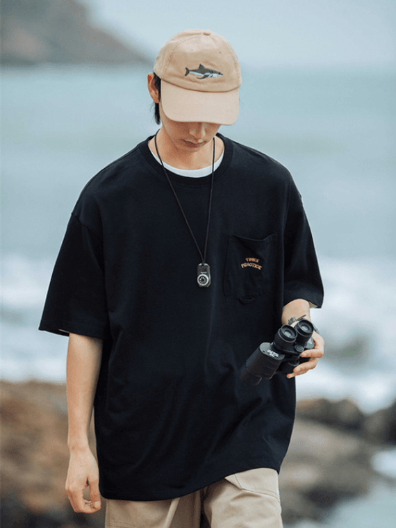 Embroidered Oversized Crewneck T-Shirt  Unisex Anywear Mens Women’s Summer Men's Tee Korean Fashion T-shirts TIMES PRACTICE Embroidery Pockets Round O-Neck Short Sleeved Tops Couple Plus Size Tees for Man Woman in trend styled Black